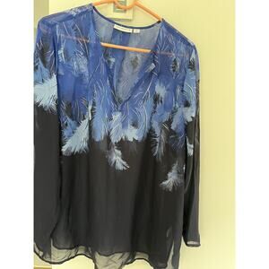 Susan Graver XL Blouse Tunic Top  Sheer Chiffon Floral Blue Long sleeve Lined